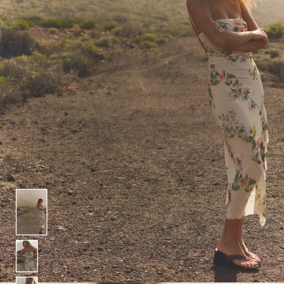 Zara Cream Floral Midi Dress with Spaghetti Straps - Picture 2 of 7